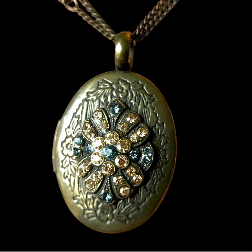 Mariana Oval Locket Necklace - antiqued bronze tone, AB Austrian crystals